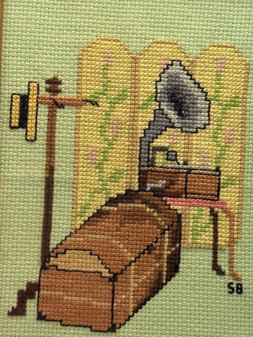 Vintage 1958 Gramophone Cross Stitch Framed Art | Mid Century Music Phonograph